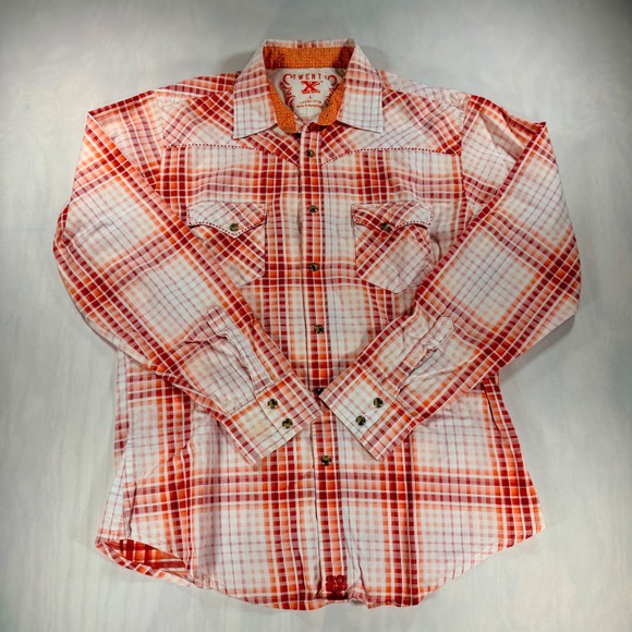 Twenty X Tops - Twenty X Western Snap Shirt Women Large Orange Red Plaid Pearl Snap Cowgirl Top